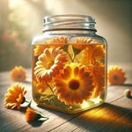 Calendula flowers infused in oil inside a glass jar